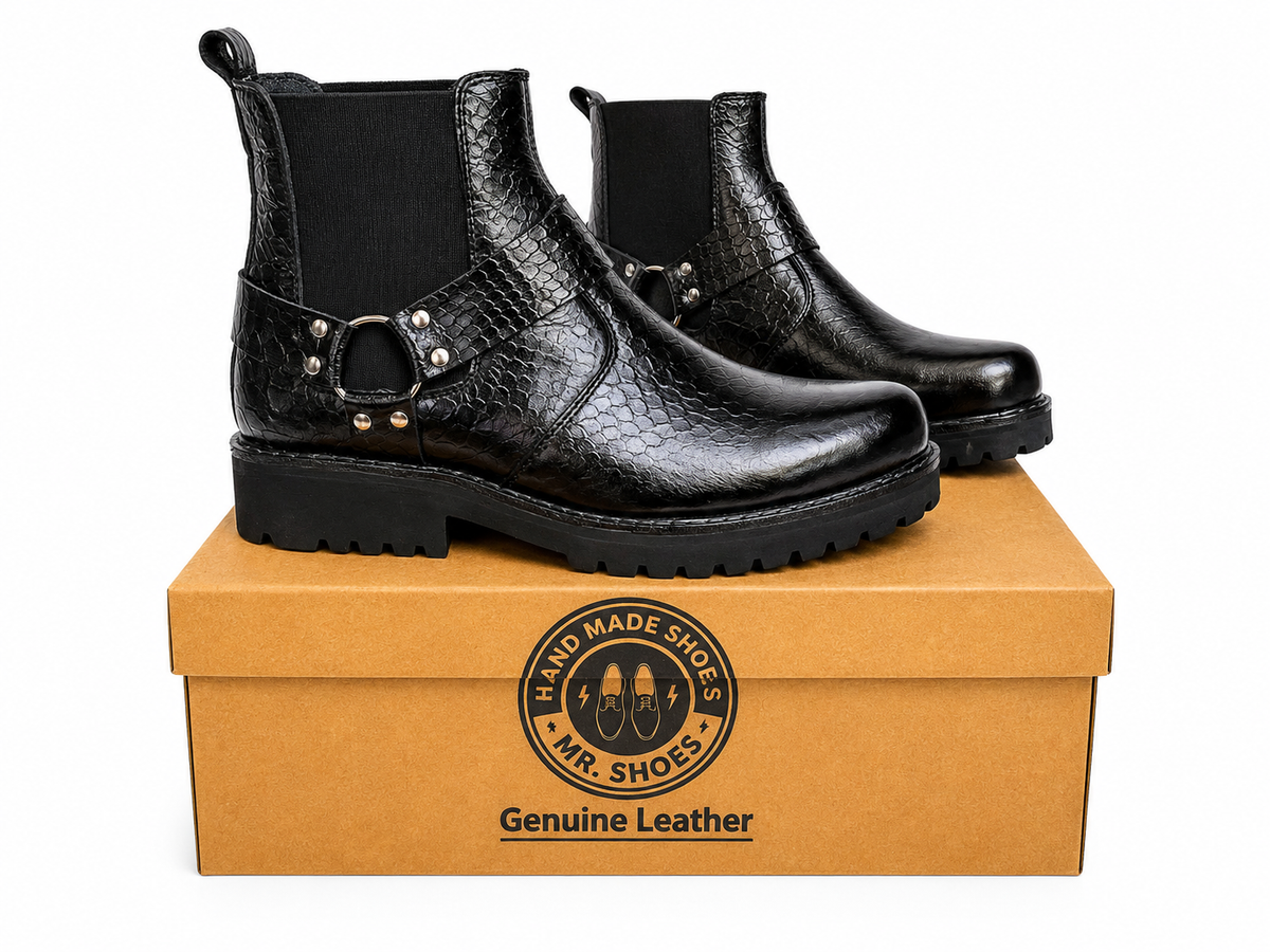 Handmade Shoes Black Python Print Leather Boot Square Shape with Harness