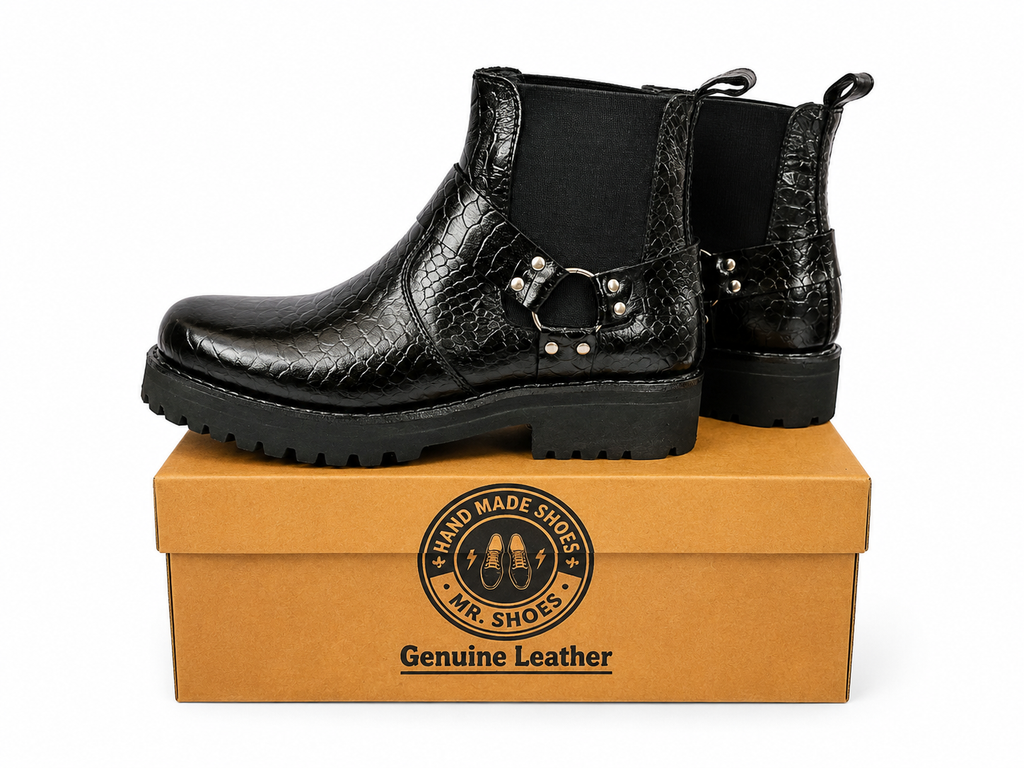 Handmade Shoes Black Python Print Leather Boot Square Shape with Harness