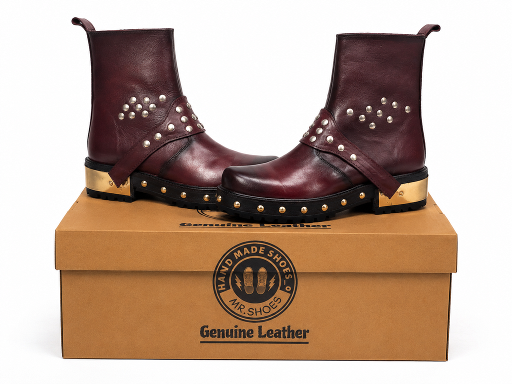 Premium Cherry Zeeper Leather Boot with Stylish Harness | Salman Khan Style Boot | Bold Look, Handmade Craftsmanship & Premium Style