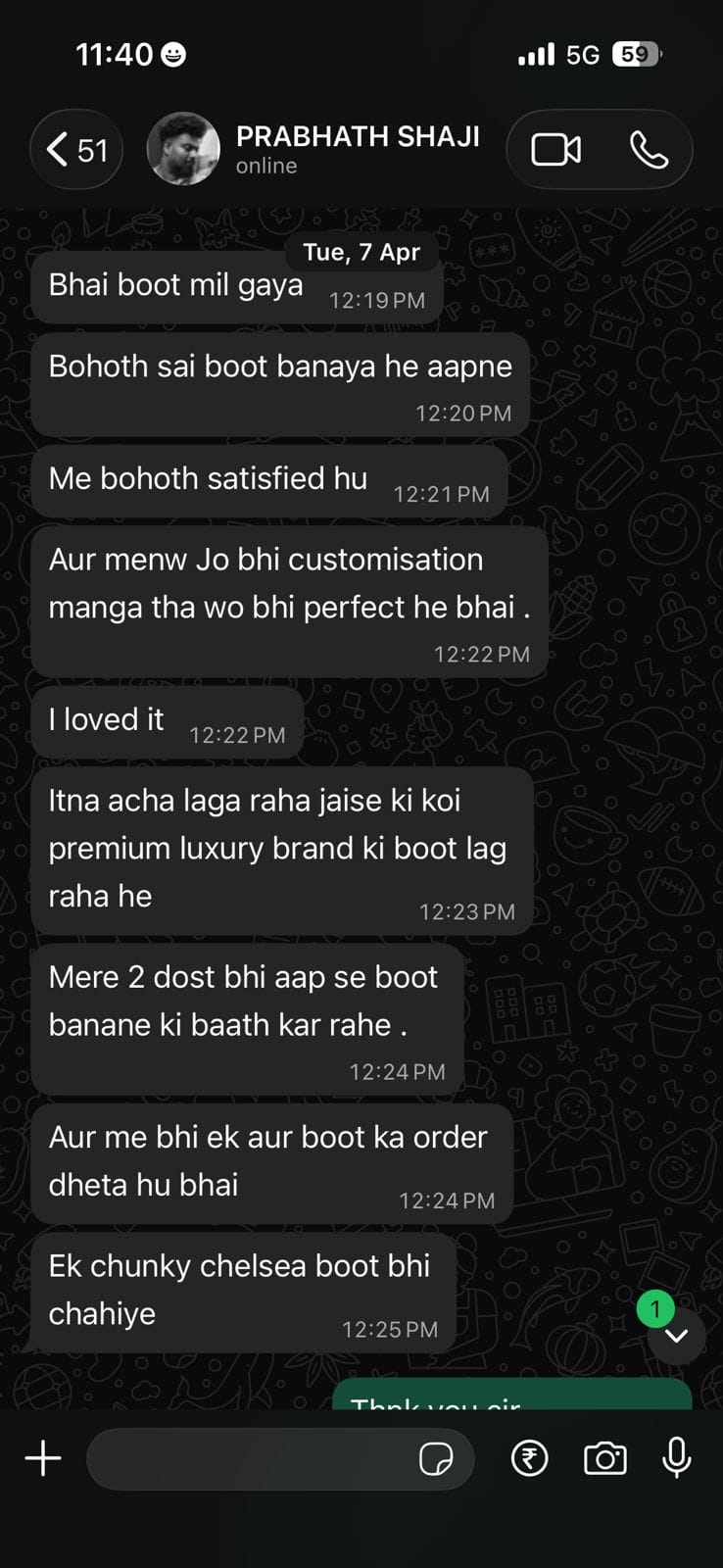 Customer feedback screenshot from Prabhat